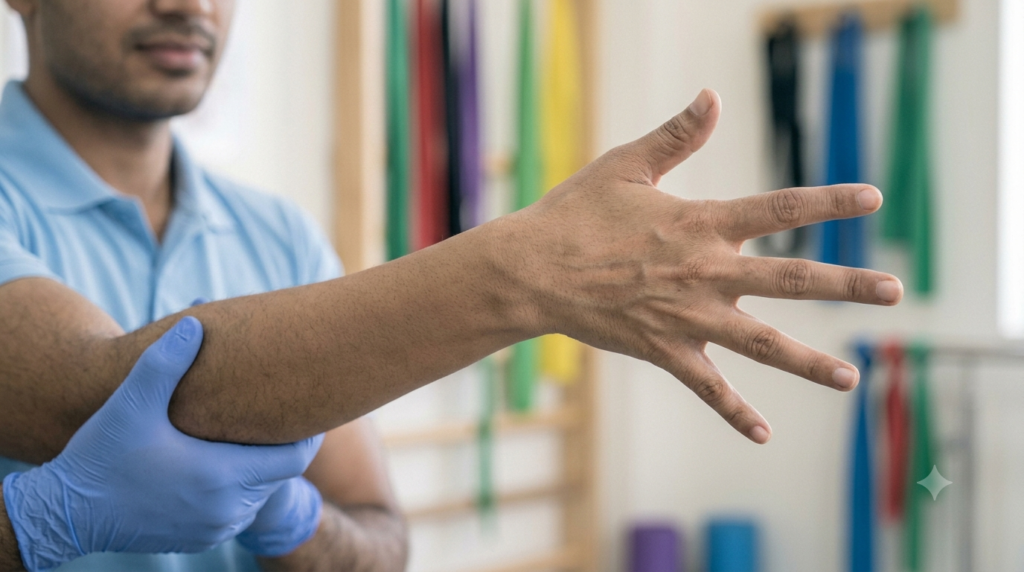 Median nerve gliding exercise for carpal tunnel at a physiotherapy clinic in Sector 1 Greater Noida West