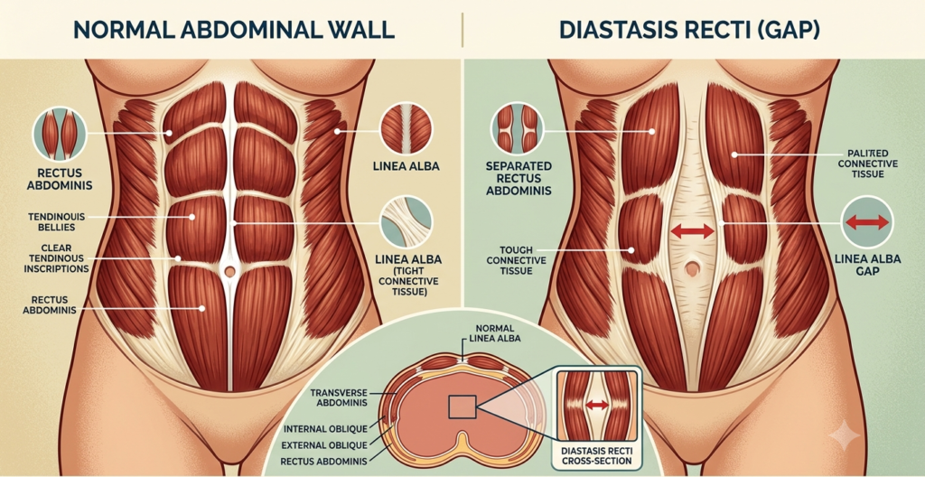 Diastasis recti abdominal separation and pelvic floor anatomy - postnatal physiotherapy