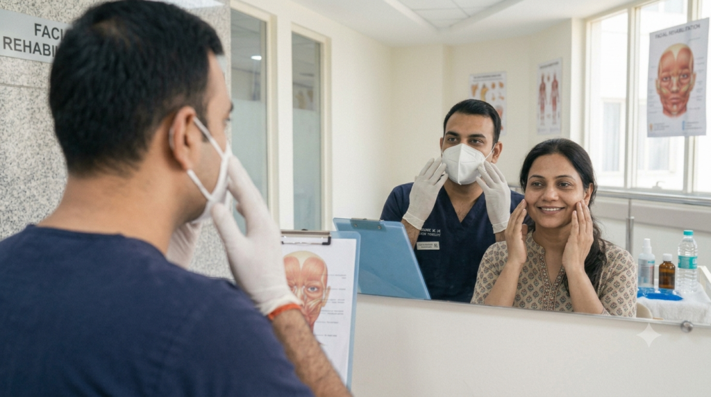 Facial nerve rehabilitation exercise at a physiotherapy clinic in Sector 1 Greater Noida West