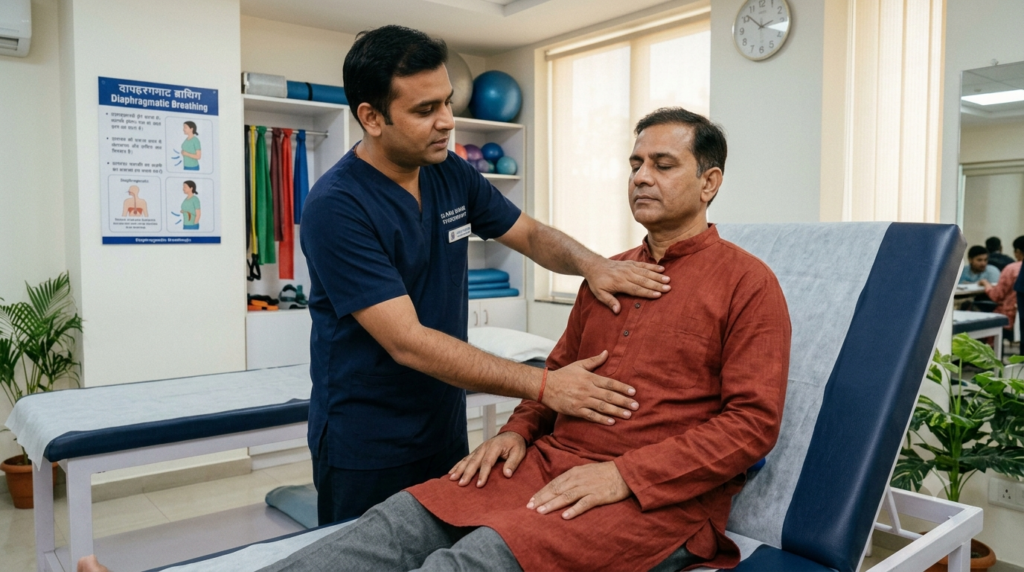 Chest physiotherapy breathing rehabilitation near La Residentia Greater Noida West